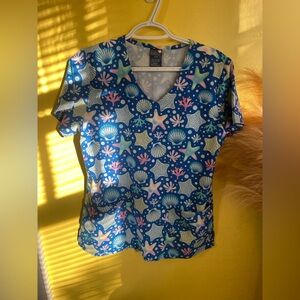 Colorful Sea Life Print Scrub Top